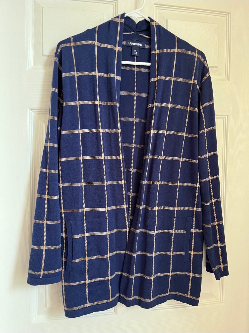 Women's Lands' End Navy Open-Front Cardigan with Tan Grid - Medium